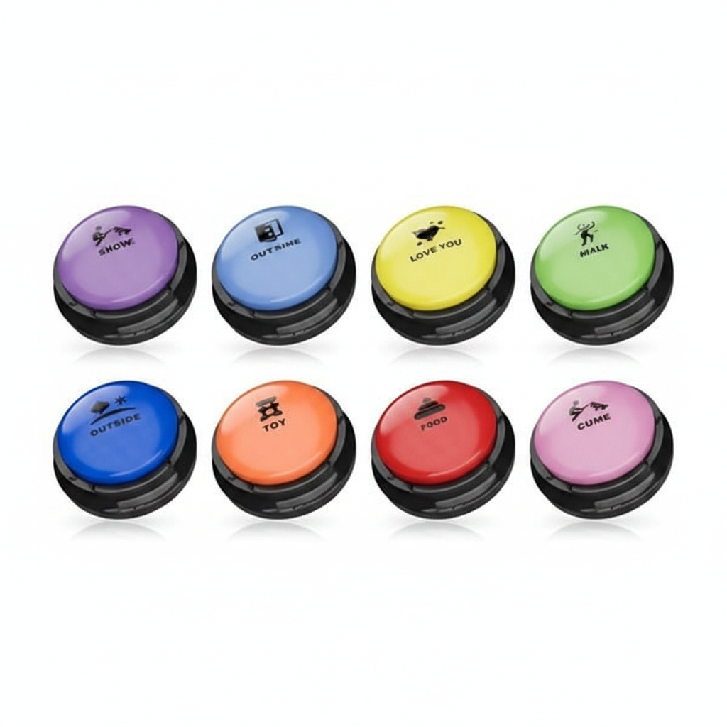 8 colorful recordable dog communication buttons arranged in two rows on white background