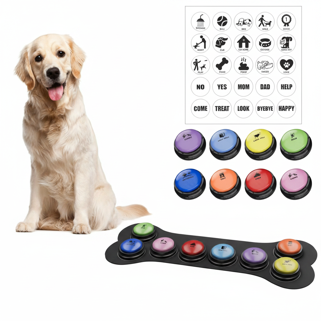 Dog communication button set with golden retriever, colorful buttons on bone-shaped mat and sticker sheet