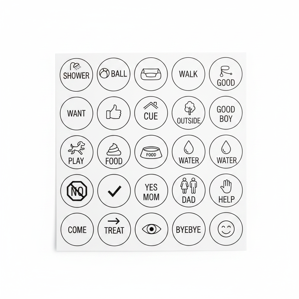Sheet of 25 round dog communication stickers with icons and words