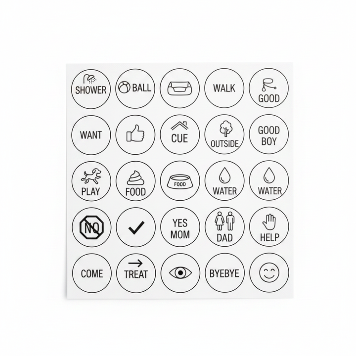 Sheet of 25 round dog communication stickers with icons and words