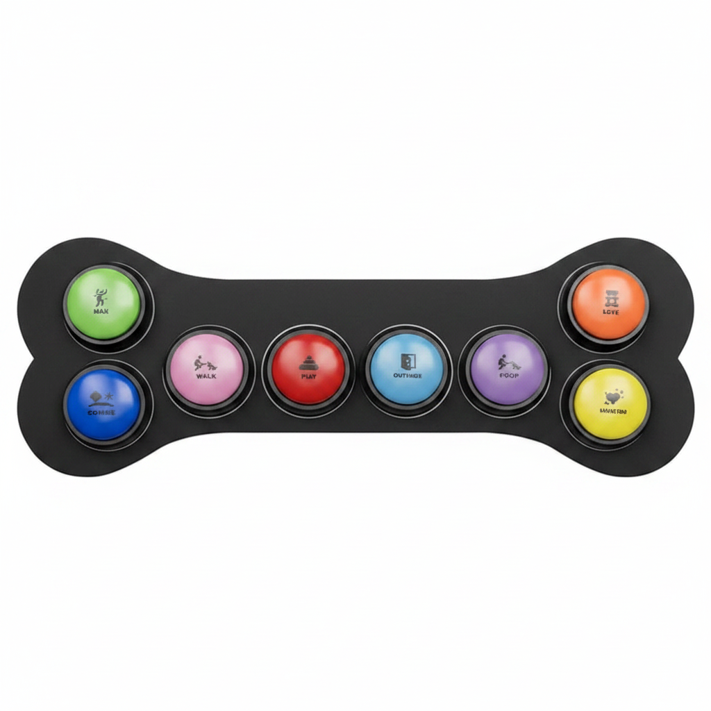 Bone-shaped black rubber mat with 8 colorful dog communication buttons in position